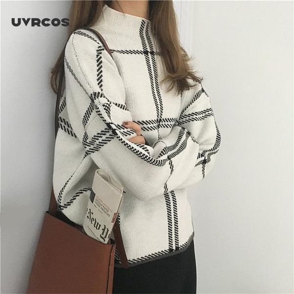 uvrcos sweaters womens knitted turtleneck long sleeve plaid pullovers autumn winter elegant femme checked sweater women knitwear, White;black 
uvrcos sweaters womens knitted turtleneck long sleeve plaid pullovers autumn winter elegant femme checked sweater women knitwear, White;black