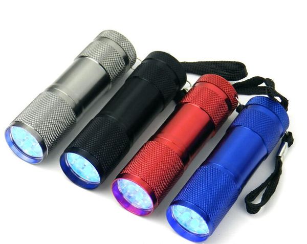 

9led flashlight aluminium uv ultra violet purple light 9 led flashlight torch light 500pcs dhl shipping