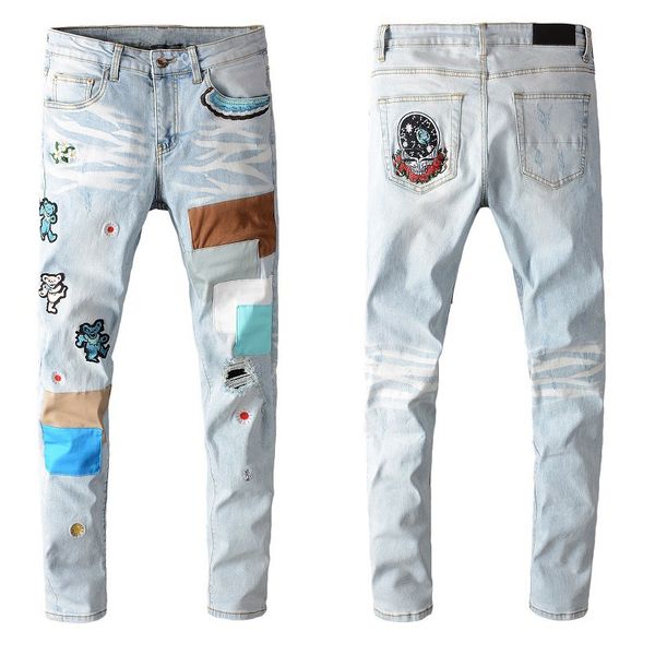 men's bear embroidery jeans distressed knee stone islan man holes slim fit denim pants amir designer jeans jott pour hommes, Blue
men's bear embroidery jeans distressed knee stone islan man holes slim fit denim pants amir designer jeans jott pour hommes, Blue