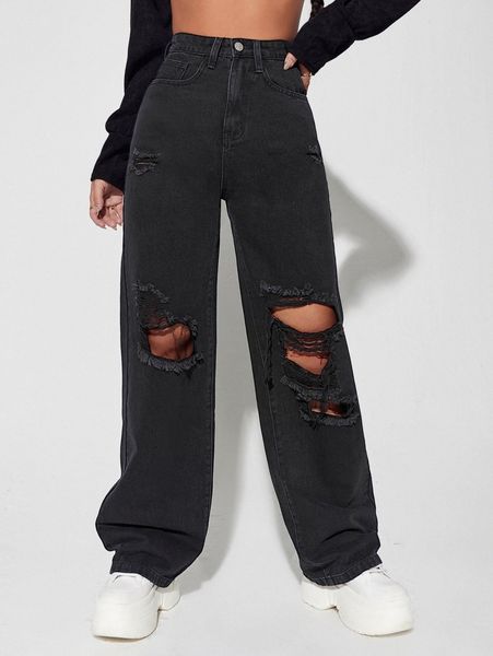 high waist ripped straight leg jeans u6cz#, Blue