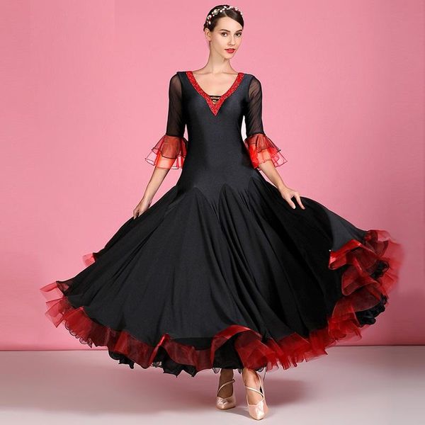 stage wear black ballroom dress women tango dance costumes spanish flamenco fringe short sleeves v-neck, Black;red 
stage wear black ballroom dress women tango dance costumes spanish flamenco fringe short sleeves v-neck, Black;red
