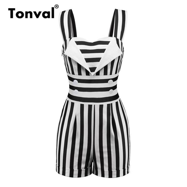 tonval striped vintage pin up jumpsuit elegant short romper women button front retro playsuit 1950s summer black overalls y200422, Black;white
tonval striped vintage pin up jumpsuit elegant short romper women button front retro playsuit 1950s summer black overalls y200422, Black;white