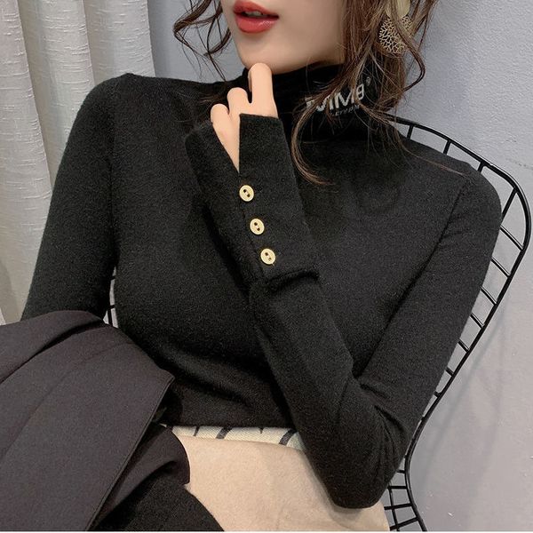 2021 new autumn and winter thin joker turtleneck high black female style foreign sweater long button knitted shirt bottom 2fuy, White;black
2021 new autumn and winter thin joker turtleneck high black female style foreign sweater long button knitted shirt bottom 2fuy, White;black