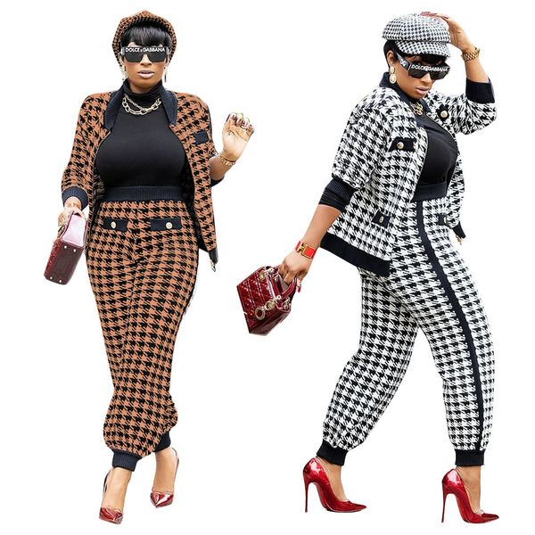 women clothing 2 piece set fashion thousand bird grid pattern printed two piece outfits long sleeve button zipper coat pants sets lady suits, White 
women clothing 2 piece set fashion thousand bird grid pattern printed two piece outfits long sleeve button zipper coat pants sets lady suits, White
