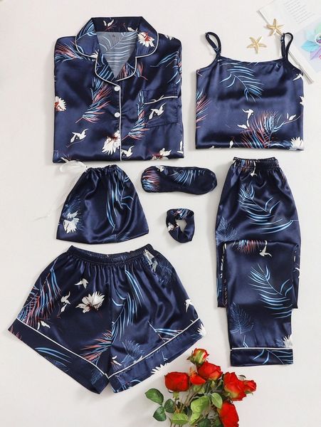 plus 7pcs floral print satin pajama set f9nr#, Black;white
plus 7pcs floral print satin pajama set f9nr#, Black;white