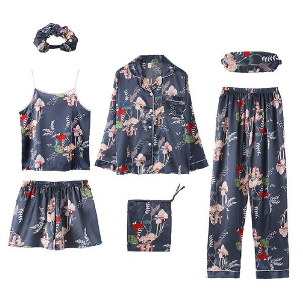 7 pieces women pajamas set ladies faux silk homewear floral printed comfortable soft femmeturn-down collar sleepwear e gift q1217, Black;red
7 pieces women pajamas set ladies faux silk homewear floral printed comfortable soft femmeturn-down collar sleepwear e gift q1217, Black;red