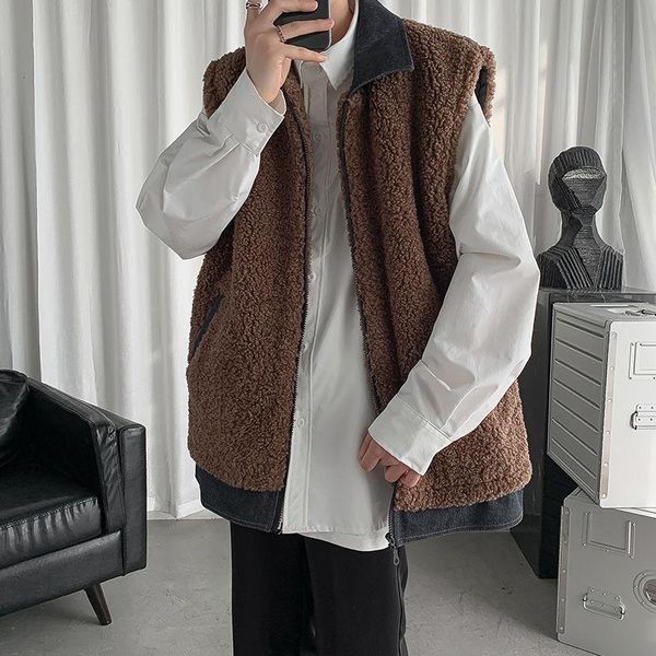 men's vests winter thick lamb hair vest warm fashion casual retro coat men streetwear korean style jacket mens s-2xl, Black;white