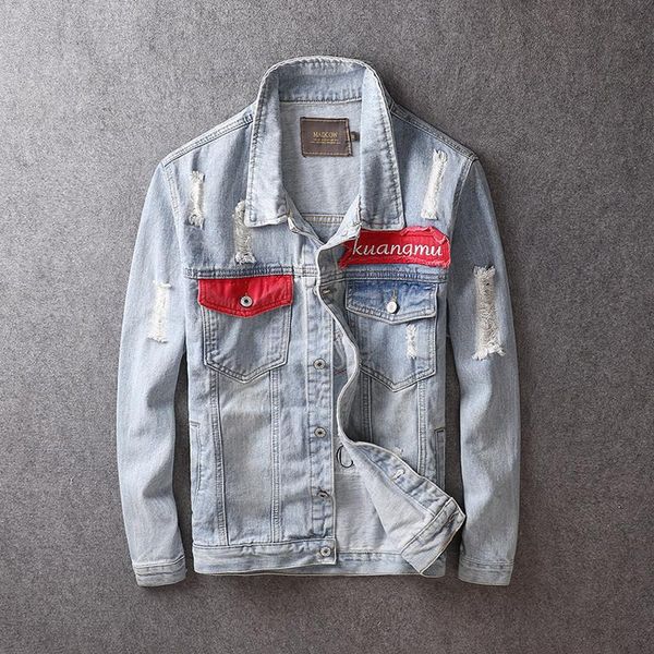 european american fashion men jacket retro light blue casual ripped coats patches designer streetwear hip hop denim jackets men, Black;brown
european american fashion men jacket retro light blue casual ripped coats patches designer streetwear hip hop denim jackets men, Black;brown