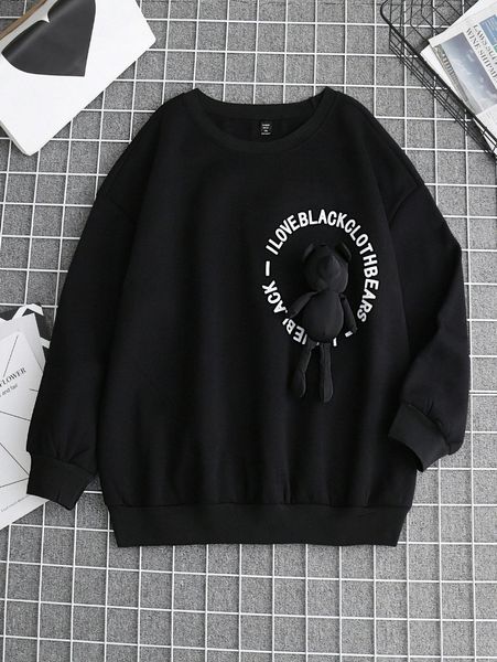 plus bear patched slogan graphic thermal pullover v0wm#, Black