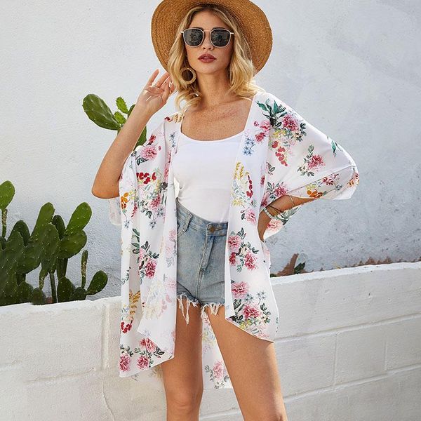 women floral print kimono cardigan open front half sleeve loose casual bohemian holiday bikini cover ups summer beachwear female, White;black
women floral print kimono cardigan open front half sleeve loose casual bohemian holiday bikini cover ups summer beachwear female, White;black