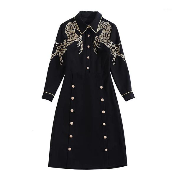 retro women's black dress golden horses embroidery buttons turn-down collar long sleeve ladies bodycon dress1, Black;gray
retro women's black dress golden horses embroidery buttons turn-down collar long sleeve ladies bodycon dress1, Black;gray