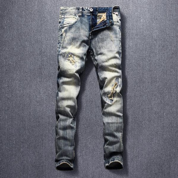 italian style fashion men jeans elastic slim fit ripped denim pants stretch retro vintage designer long trousers, Blue
italian style fashion men jeans elastic slim fit ripped denim pants stretch retro vintage designer long trousers, Blue