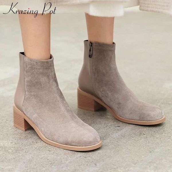 krazing pot cow leather patchwork flock stretch boots high heels round toe winter women side zipper simple style ankle boots l81 t200425, Black
krazing pot cow leather patchwork flock stretch boots high heels round toe winter women side zipper simple style ankle boots l81 t200425, Black