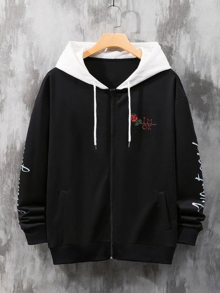 men floral and slogan graphic colorblock zip up drop shoulder drawstring hoodie f6yx#, Black
men floral and slogan graphic colorblock zip up drop shoulder drawstring hoodie f6yx#, Black