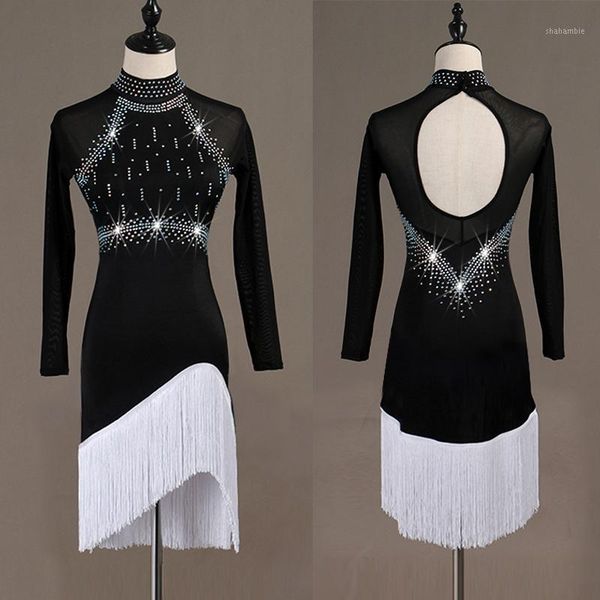 black latin dance dress women white fringe long sleeve dress party singer dancer professional competitive latin vdb1151, Black;red
black latin dance dress women white fringe long sleeve dress party singer dancer professional competitive latin vdb1151, Black;red