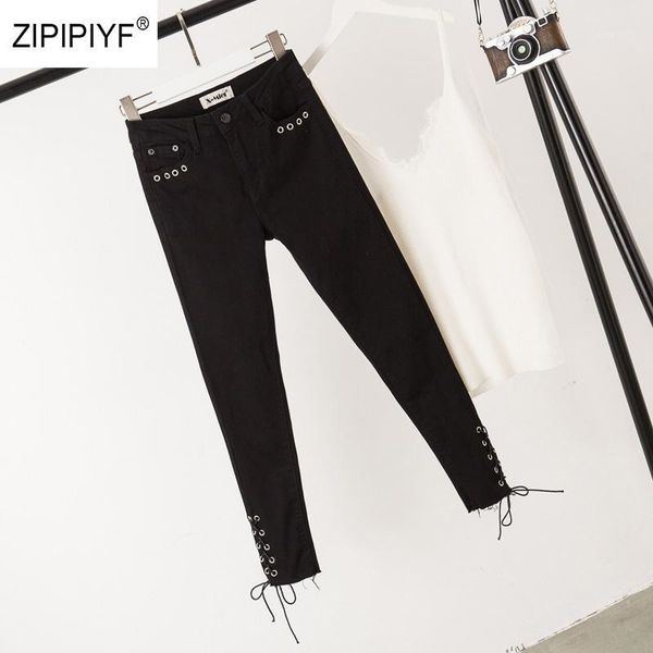 2019 jeans women denim pants skinny pencil stretch women jeans black hollow out bandage plus size1, Blue