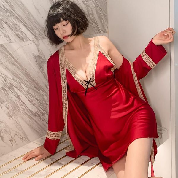 women's sleepwear collection women lace suspender nightdress silk satin nightgown suits 2pcs summer thin seductive pure robe set el, Black;red
women's sleepwear collection women lace suspender nightdress silk satin nightgown suits 2pcs summer thin seductive pure robe set el, Black;red