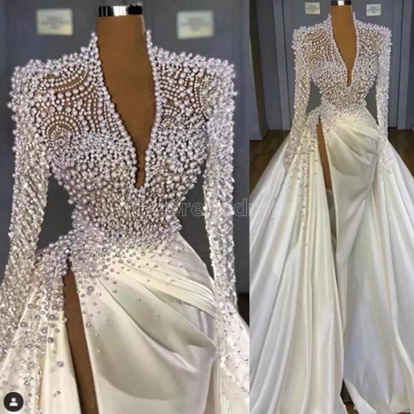 luxury beaded wedding dresses bride gowns with overskirt sweep train satin crystals high split deep v neck long sleeves custom made plus siz, White
luxury beaded wedding dresses bride gowns with overskirt sweep train satin crystals high split deep v neck long sleeves custom made plus siz, White