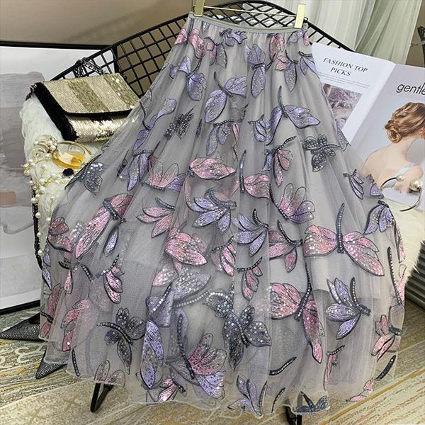 sequins embroidery dragonfly two layer mesh pleated skirt women 2020 summer high waist long skirts womens elegant, Black 
sequins embroidery dragonfly two layer mesh pleated skirt women 2020 summer high waist long skirts womens elegant, Black