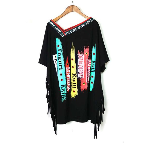 style new street oblique v-neck summer personalized printing tassel loose and versatile fashion brand short sleeve t-shirt for women, Black;gray
style new street oblique v-neck summer personalized printing tassel loose and versatile fashion brand short sleeve t-shirt for women, Black;gray
