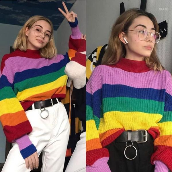 women's rainbow sweater turtleneck color striped long sleeve pullover autumn 2020 chic casual loose streetwear sweater1, White;black
women's rainbow sweater turtleneck color striped long sleeve pullover autumn 2020 chic casual loose streetwear sweater1, White;black