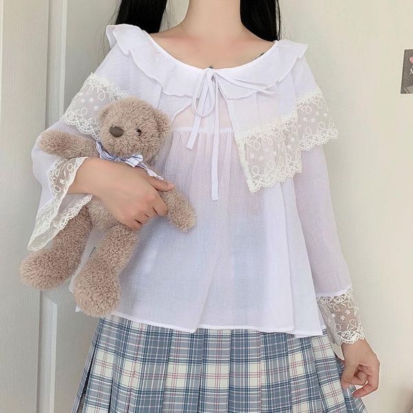 ladies kawaii sweet style ruffles v-neck loose fashion brand spring white lace up shirts korean clothes blouse women new