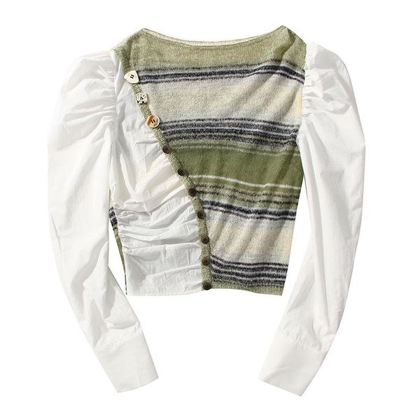 women's blouses & shirts 2021 small fresh fashion splicing short bubble sleeve contrast knitted women o-neck striped shirt cc95, White
women's blouses & shirts 2021 small fresh fashion splicing short bubble sleeve contrast knitted women o-neck striped shirt cc95, White
