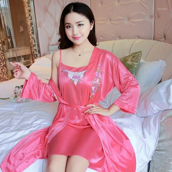 women's sleepwear ladies nightdress summer thin ice silk 2pcs home service strap mini dress short-sleeved robe sets female nightgown 19, Black;red
women's sleepwear ladies nightdress summer thin ice silk 2pcs home service strap mini dress short-sleeved robe sets female nightgown 19, Black;red