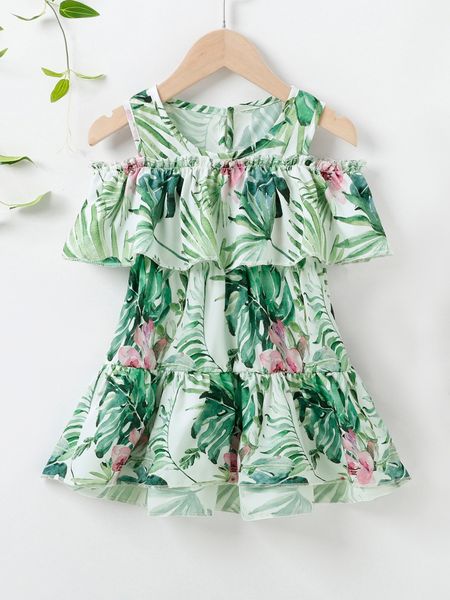 toddler girls tropical print frill cold shoulder ruffle trim dress she, Red;yellow