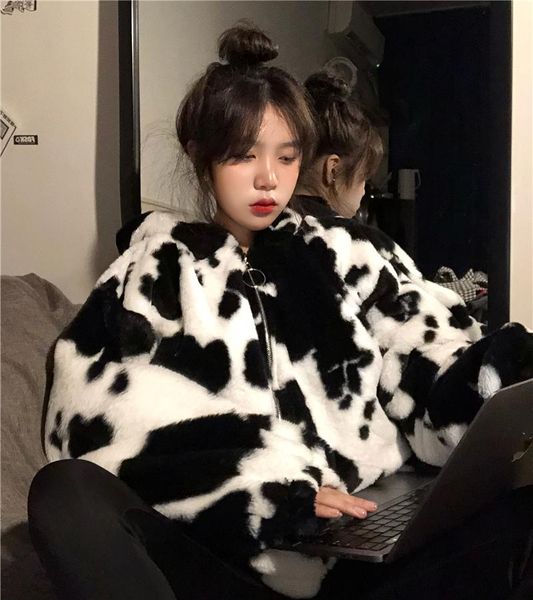 women's wool & blends 2021 korean winter thicken fashion harajuku cows printing loose full sleeve leather jacket hooded zipper warm cot, Black
women's wool & blends 2021 korean winter thicken fashion harajuku cows printing loose full sleeve leather jacket hooded zipper warm cot, Black