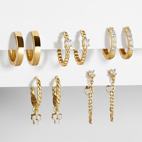 hoop & huggie design cz zircon crystal small hoops sets long gold chain earrings for women twist beads fashion jewelry brincos 2021, Golden;silver