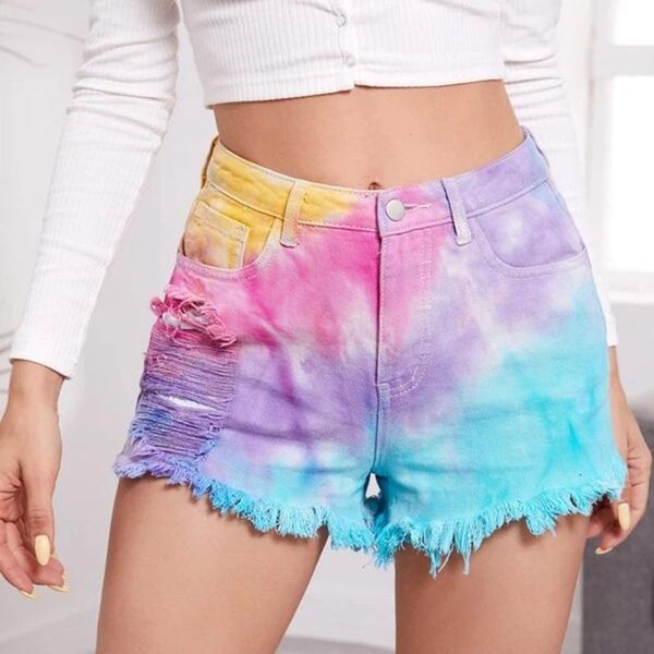 european and american rainbow color denim shorts women irregular cat whiskers fringed white denim high waist shorts jeans women, Blue
european and american rainbow color denim shorts women irregular cat whiskers fringed white denim high waist shorts jeans women, Blue