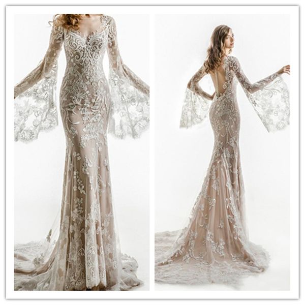 jillian 2021 luxury mermaid wedding dresses sheer neck long bell sleeves wedding dress sweep train applique covered button bridal gowns, White
jillian 2021 luxury mermaid wedding dresses sheer neck long bell sleeves wedding dress sweep train applique covered button bridal gowns, White