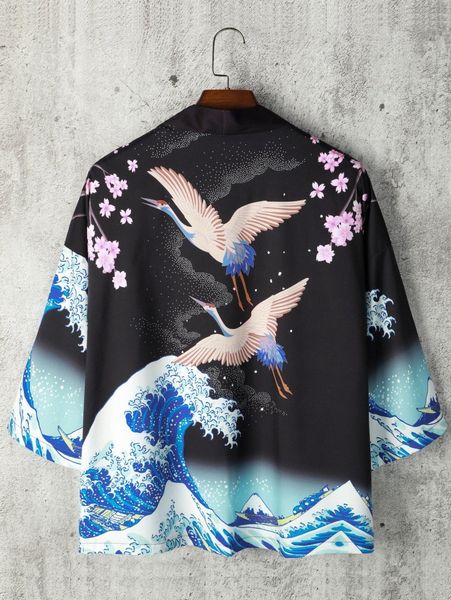 men wave & crane print open front kimono without tee 53o9#, White;black 
men wave & crane print open front kimono without tee 53o9#, White;black