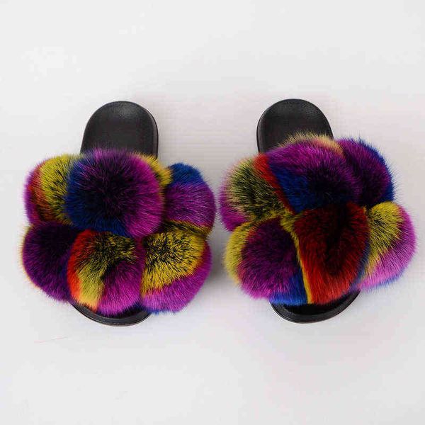 nxy slippers summer with colors fox fur woman 220127, Black 
nxy slippers summer with colors fox fur woman 220127, Black