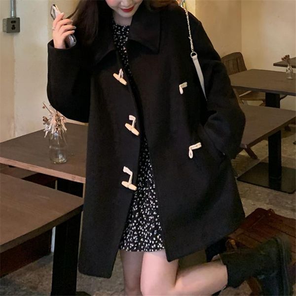 new korean style loose temperament horns buttoned medium-length coat, Black