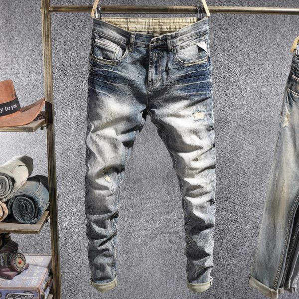 2021 new italian style fashion men jeans elastic slim fit ripped denim pants retro wash patchwork vintage designer trousers 68q, Blue
2021 new italian style fashion men jeans elastic slim fit ripped denim pants retro wash patchwork vintage designer trousers 68q, Blue