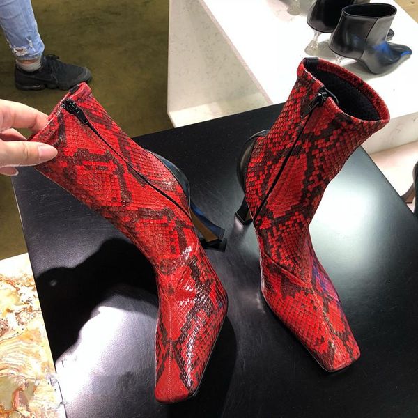 boots woman red python leather patchwork ankle girl's snakeskin plush strange heels winter square toe shoes, Black 
boots woman red python leather patchwork ankle girl's snakeskin plush strange heels winter square toe shoes, Black