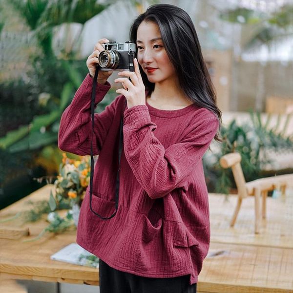 johnature 2020 spring new vintage style long sleeve t shirt womens solid color cotton linen pockets casual loose women t shirts, White
johnature 2020 spring new vintage style long sleeve t shirt womens solid color cotton linen pockets casual loose women t shirts, White