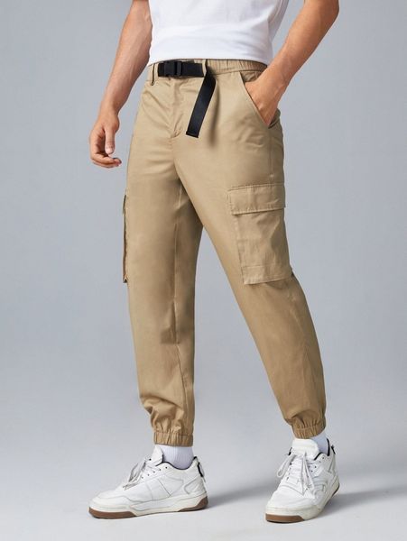 men flap pocket buckle strap pants c95r#, Black