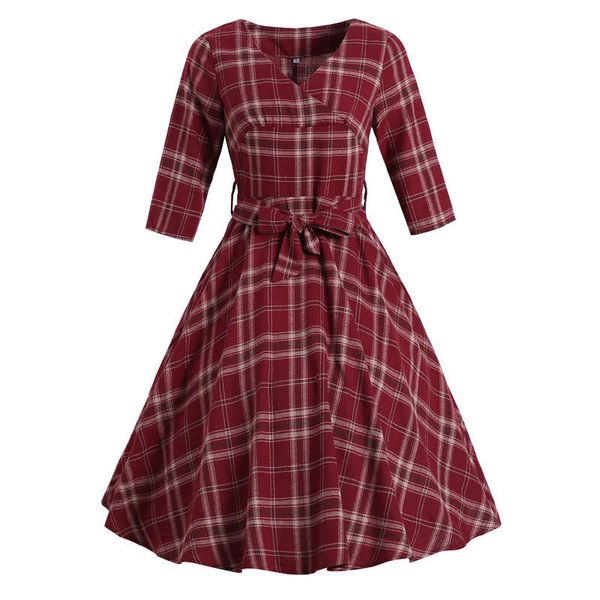 plaid 3 / 4 sleeve lace up v-neck belted hepburn puff dress, Black;gray