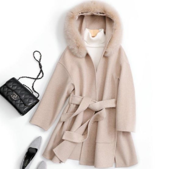 women's wool & blends hooded hair double face cashmere coat winter korean loose middle long belt thickened, Black
women's wool & blends hooded hair double face cashmere coat winter korean loose middle long belt thickened, Black