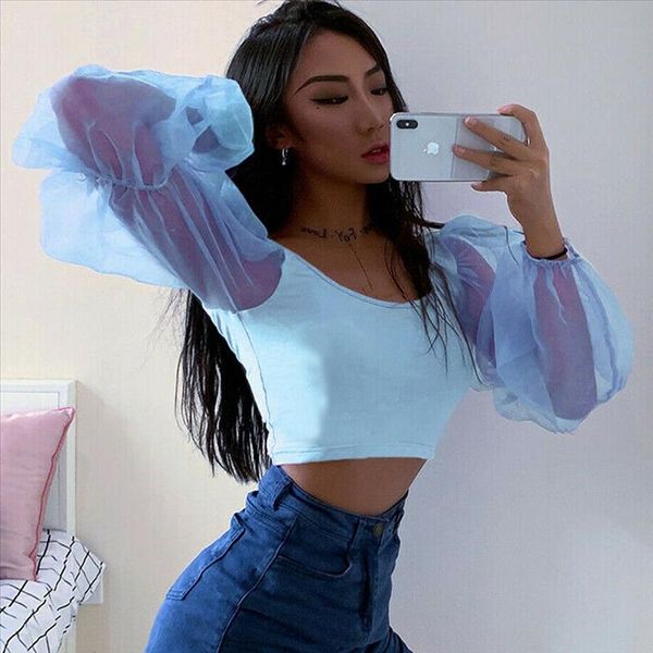 women slim fit casual cropped sheer low cut spliced casual shirts mesh puff sleeve crop stylish blouse, White
women slim fit casual cropped sheer low cut spliced casual shirts mesh puff sleeve crop stylish blouse, White