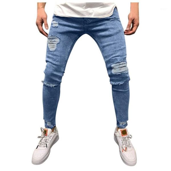 men's jeans skinny men streetwear destroyed ripped homme hip hop broken male pencil biker pants 20211, Blue