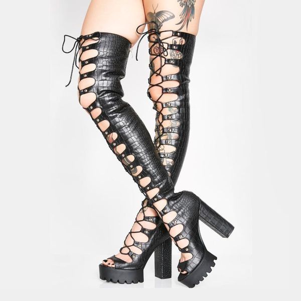 women front cross-tied cut out over knee sandals boots summer peep toe boots platform chunky high heel back lace up shoes1, Black
women front cross-tied cut out over knee sandals boots summer peep toe boots platform chunky high heel back lace up shoes1, Black
