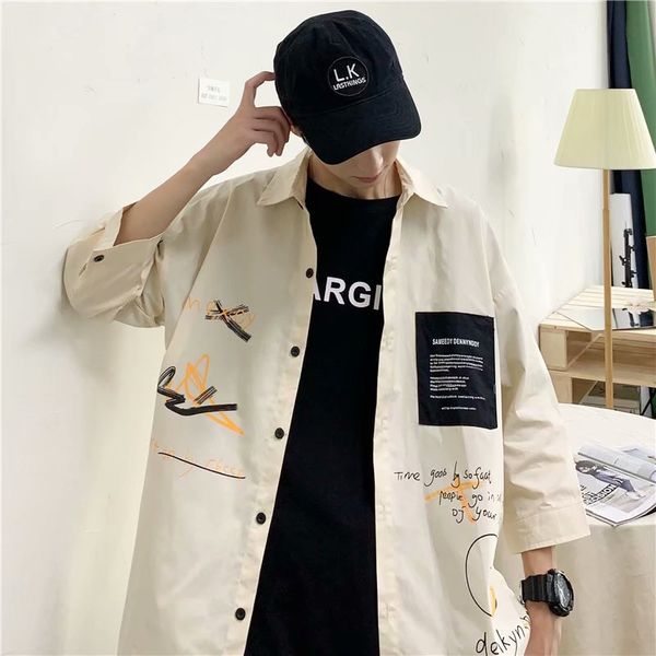 men's korean style three-quarter-sleeved shirt hong kong style short-sleeved shirt summer graffiti printed shirt, White;black
men's korean style three-quarter-sleeved shirt hong kong style short-sleeved shirt summer graffiti printed shirt, White;black