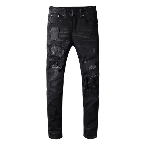 2021 new large size 28-40 fashion streetwear men's black badge embroidery ripped slim fit designer denim pants jeans male 5s5k, Blue
2021 new large size 28-40 fashion streetwear men's black badge embroidery ripped slim fit designer denim pants jeans male 5s5k, Blue