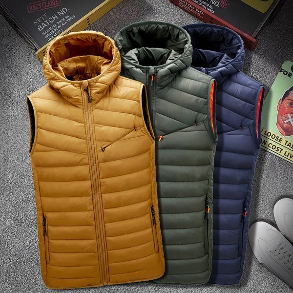 hooded vest jacket men winter puffer waistcoat male warm casual zipper patchwork down vest coats outwear clothing 201114, Black;white
hooded vest jacket men winter puffer waistcoat male warm casual zipper patchwork down vest coats outwear clothing 201114, Black;white