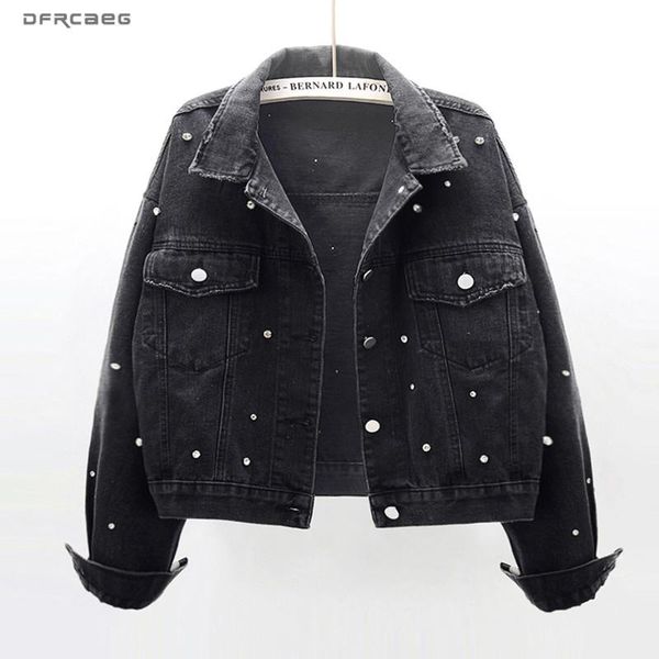 black vintage oversized women short jeans jacket with pearls diamonds 2021 spring streetwear female denim coat loose outwear, Black;brown
black vintage oversized women short jeans jacket with pearls diamonds 2021 spring streetwear female denim coat loose outwear, Black;brown