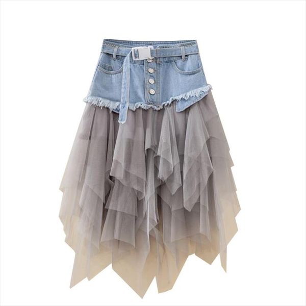 summer irregular jeans skirts womens high waist tulle skirt long denim pleated midi skirts mesh patchwork pockets tassel belt, Black
summer irregular jeans skirts womens high waist tulle skirt long denim pleated midi skirts mesh patchwork pockets tassel belt, Black